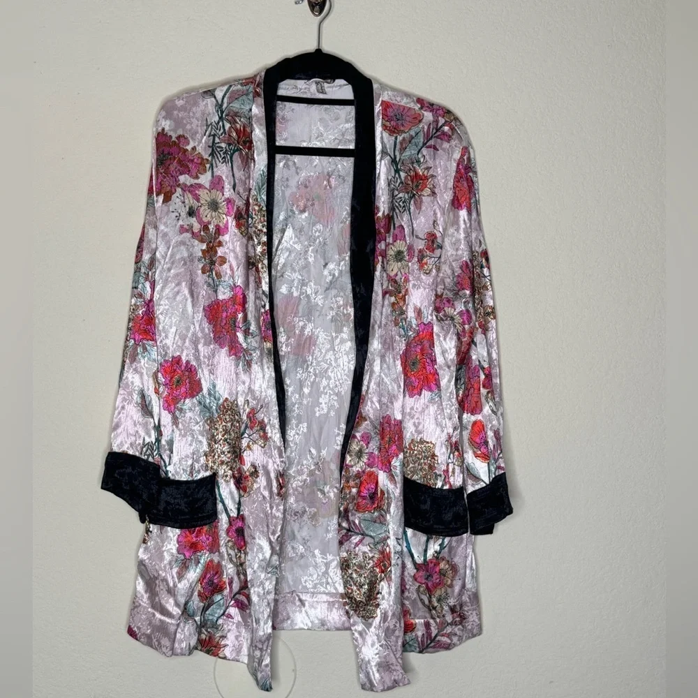 Free People Anthropologie Floral Garden Satin Kimono Top